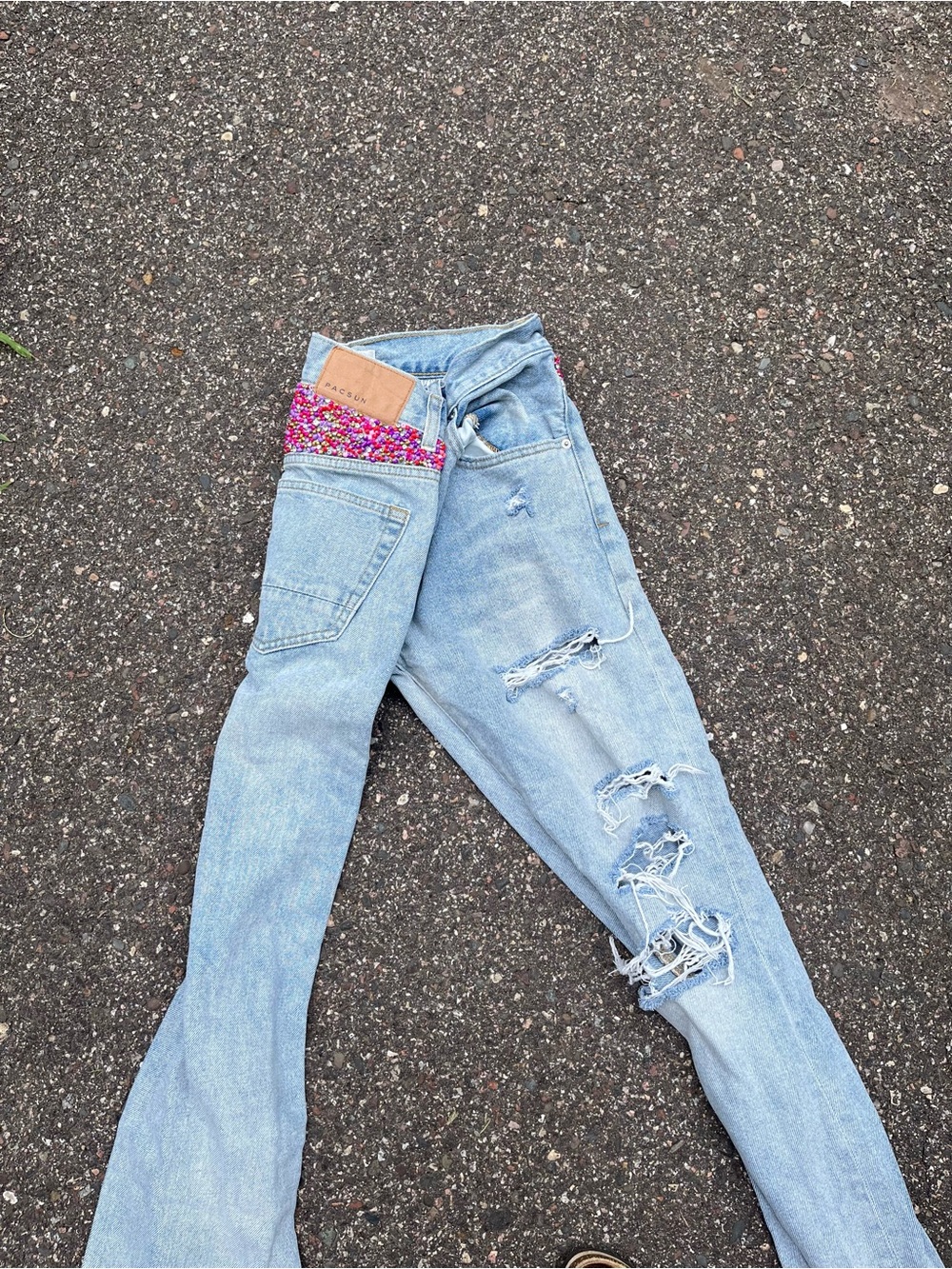 PacSun Light Blue Distressed Straight-Leg Jeans with hand beaded embellishments